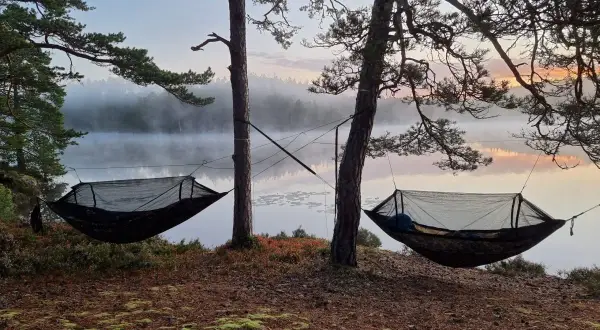 Två hängmattor redo för att sova i vid en dimmig sjö i gryningen. En person ligger redan och njuter av lugnet.