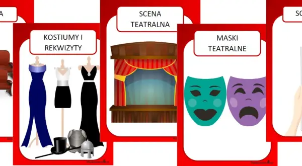 Karty pracy dla przedszkola: widownia, kostiumy, scena, maski i scenariusz.