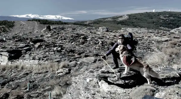 Senderismo en la sierra de los Filabres con mi fiel compañero. El paisaje rocoso y las cumbres nevadas crean un escenario impresionante.