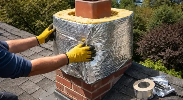 Installation d'isolant autour du conduit de cheminée en brique. Les mains gantées ajustent le matériau réfléchissant.