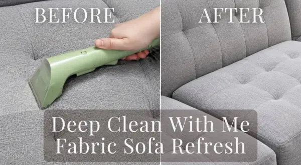 Before and after of a grey fabric couch being deep cleaned with a handheld upholstery cleaner.