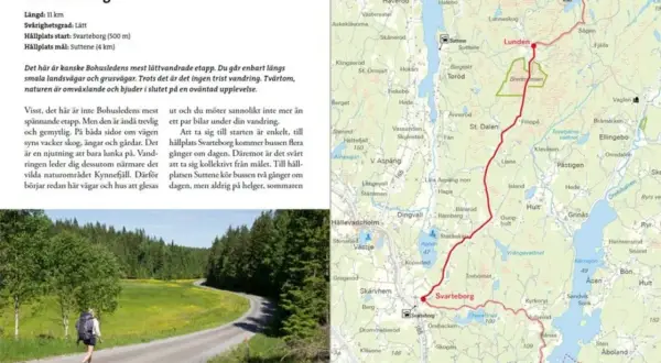 Bohusleden karta visar etapp 18 Svarteborg-Lunden. En vandringsled med vacker natur.