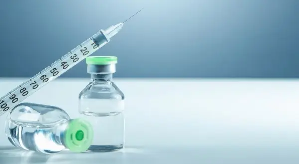 Strzykawka i dwie fiolki z zielonymi nakrętkami, jedna leżąca, druga stojąca. Mogą zawierać biofazolin.