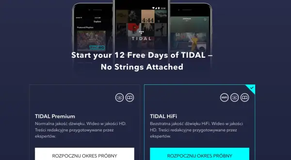 Trzy telefony z aplikacją Tidal, oferujące darmowy okres próbny.