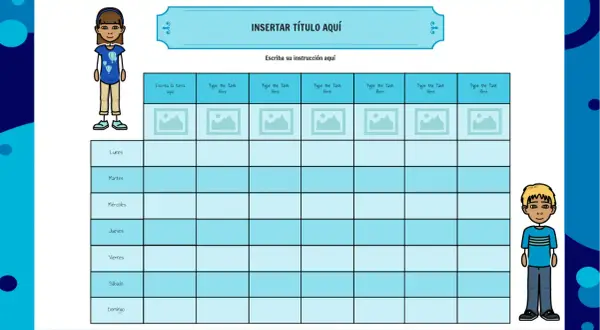 Plantillas imprimibles para organizar tareas semanales. Incluye espacios para título, instrucciones, días de la semana y tareas diarias.