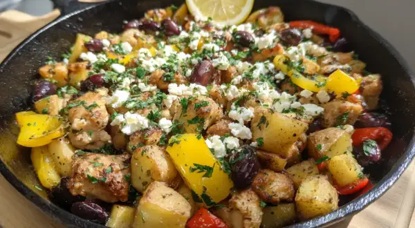 En smakrik grekisk pyttipanna med kyckling, potatis, paprika, oliver och fetaost, toppad med citron och persilja.