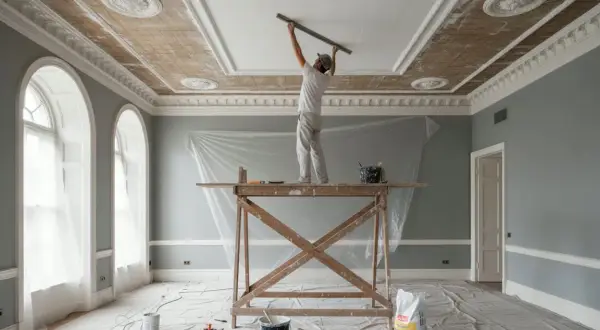 Lavoratore applica intonaco al soffitto decorato, un passo fondamentale per come isolare una casa e migliorare l'efficienza energetica.