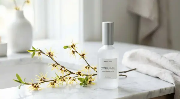 Botella de aceite de hamamelis junto a ramas con flores amarillas. Descubre las maravillosas hamamelis propiedades para tu piel.