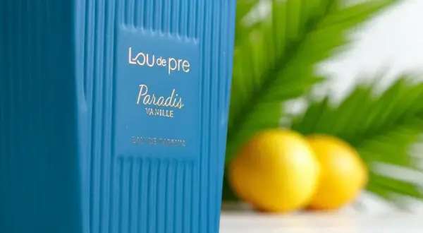 Niebieska butelka perfum Lou de Pre Paradis Vanille na tle liści i cytryn.