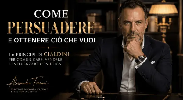 Uomo d'affari con mano sul mento, immagine che promuove l'arte del convincimento e le strategie per comunicare, vendere e influenzare con etica.