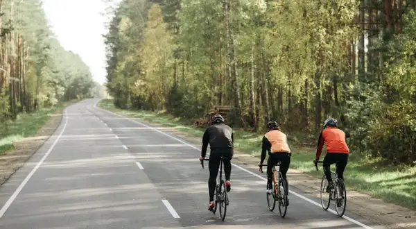 Trzech rowerzystów jedzie obok siebie leśną drogą. Czy można jechać rowerem obok siebie? Tak, jeśli droga jest wystarczająco szeroka i bezpieczna.
