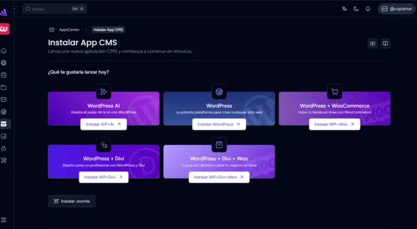 Panel para instalar CMS como WordPress, ideal para aprender como hacer una web. Opciones para IA, tiendas y diseño profesional.