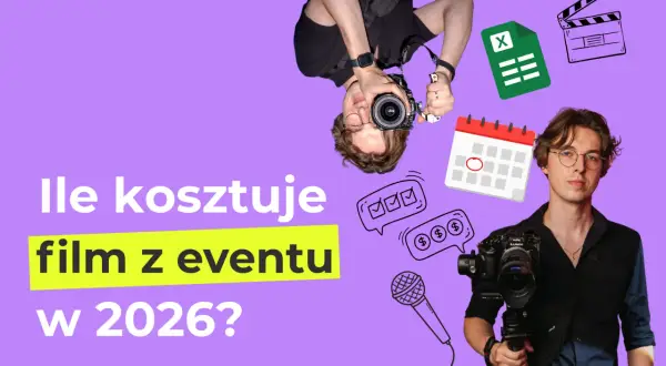 Strona dla fotografa: młody mężczyzna z kamerą, ikony kalendarza, mikrofonu, arkusza kalkulacyjnego i klapsa filmowego.