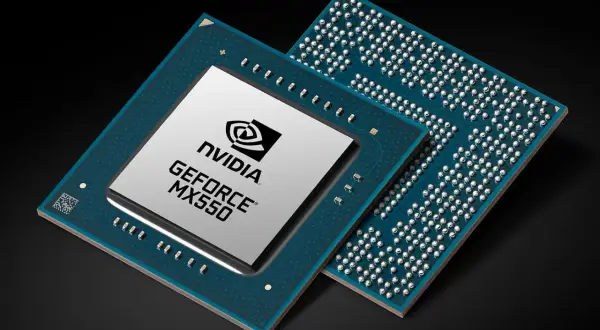 Dwa układy graficzne, jeden z napisem NVIDIA GEFORCE MX550, drugi z rzędem pinów.