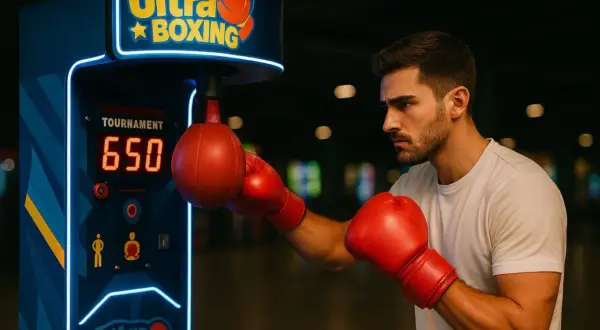 A man in red boxing gloves punches the bag on an "Ultra Boxing" arcade game. In boxing, you can punch the arm, but this game measures your punch power.
