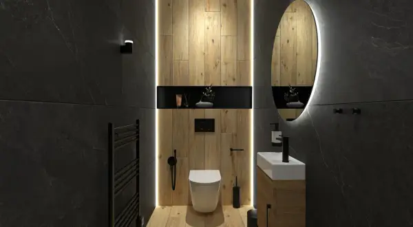 Élégante deco wc noir et bois, avec un mur en bois chaleureux, un WC suspendu et un lavabo moderne.