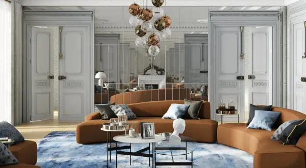 Nowoczesny salon w stylu nowojorskim z brązową sofą, niebieskim dywanem i lustrzaną ścianą.