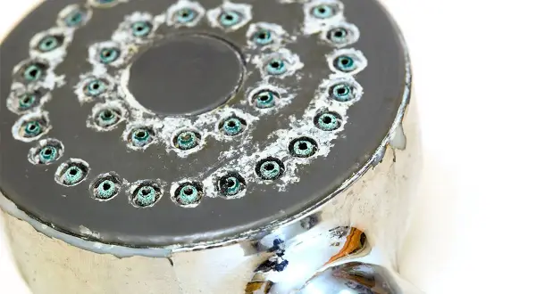 Soffione doccia incrostato di calcare, pronto per essere pulito. Scopri come pulire il soffione della doccia per un getto perfetto.