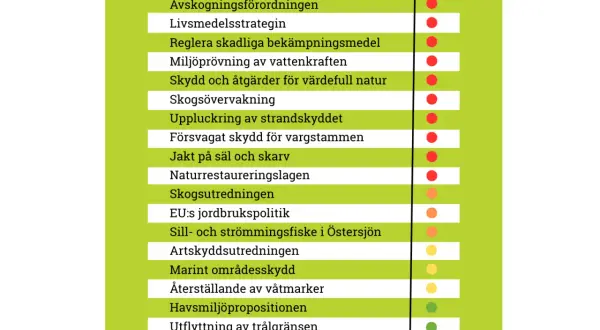 Fakta om Sverige: regeringens politik inom miljö och natur, med betyg för åtgärder som skogsövervakning och skydd av värdefull natur.