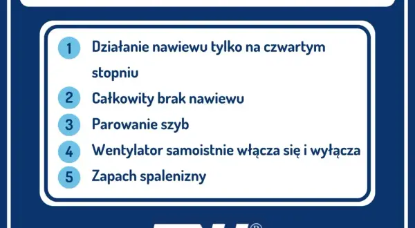 Objawy uszkodzenia rezystora wentylatora chłodnicy: nawiew tylko na czwartym biegu, brak nawiewu, parowanie szyb, wentylator włącza się i wyłącza, zapach spalenizny.