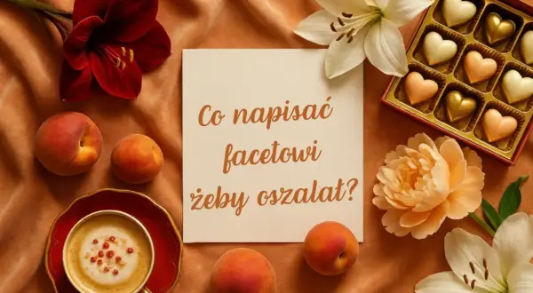 Kawa, brzoskwinie i czekoladki w kształcie serc. Na kartce pytanie: "Co napisać facetowi, żeby oszalał?".