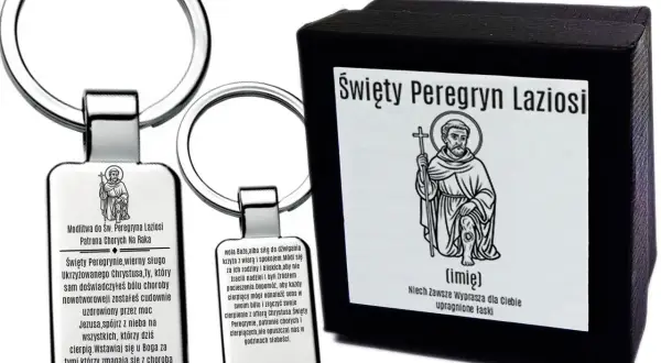 Brelok i pudełko z wizerunkiem św. Peregryna. Modlitwa o cud uzdrowienia dla cierpiących.