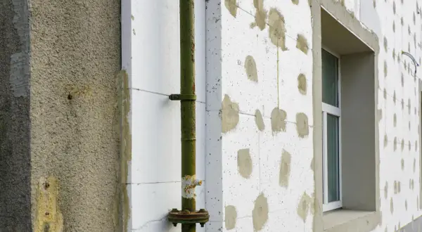 Budynek w trakcie termoizolacji styropianem. Zastanawiasz się, ile kosztuje termoizolacja budynku? Widoczna rura i okno.