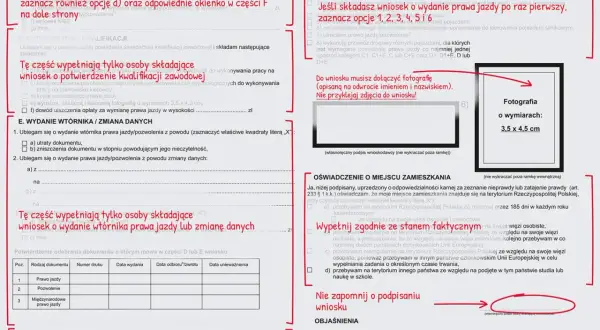 Wniosek o wydanie prawa jazdy, z zaznaczoną opcją "nowelizacja" i miejscem na zdjęcie.