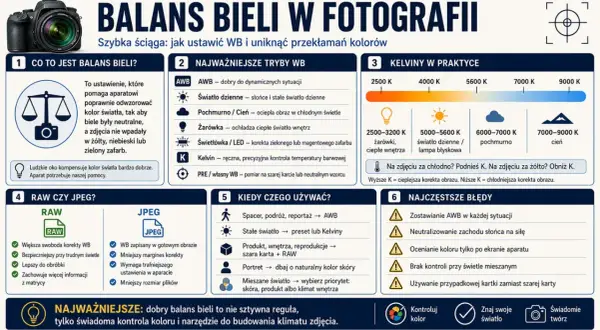 Przewodnik po balansie bieli: od AWB po Kelviny, które opisują temperaturę barwową słońca i inne źródła światła.