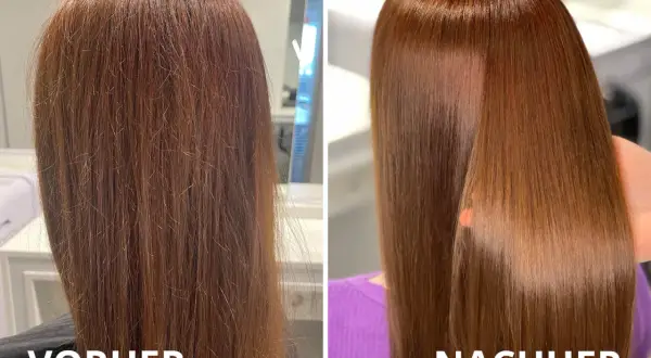 Vorher: extrem kaputte Haare, strohig und glanzlos. Nachher: seidig, glänzend und gesund aussehend.