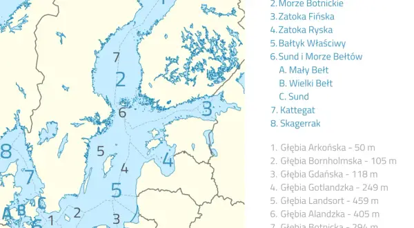 Mapa Bałtyku z zaznaczonymi głębiami. Najgłębsze miejsce to 459 m, ale ile metrów ma Morze Bałtyckie w różnych miejscach, pokazuje ta mapa.