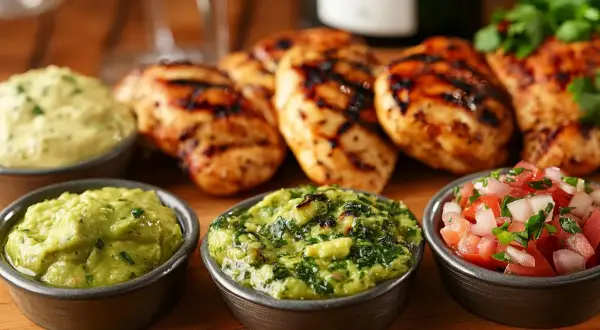 Grillad kyckling med tre olika såser: guacamole, grön ört-sås och pico de gallo. Perfekt sås till grillat för en somrig middag.