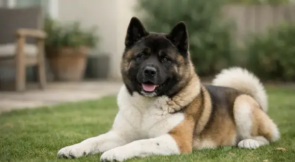 Piękny akita amerykański leży na trawie. Zastanawiasz się, akita amerykańska ile żyje? Średnio 10-13 lat.