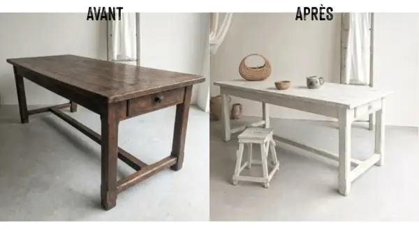 Avant/Après : une vieille table en bois sombre transformée pour moderniser une table en bois avec une finition claire et lumineuse.