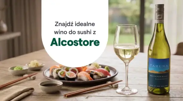 Idealne wino do sushi czeka! Na stole sushi, sos sojowy, wasabi i kieliszek białego wina. Znajdź swoje wino do sushi w Alcostore.