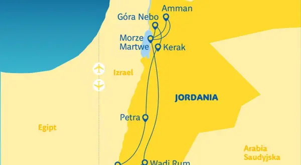 Trasa wycieczki do Jordanii: Amman, Góra Nebo, Morze Martwe, Kerak, Petra, Wadi Rum, Akaba. Mapa pokazuje też Izrael, Egipt i Syrię.