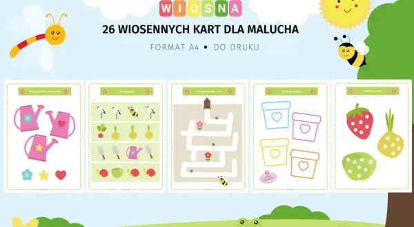 Wiosna karty pracy przedszkole: zadania z konewkami, labirynt dla pszczółki, kolorowanki i wyklejanki.