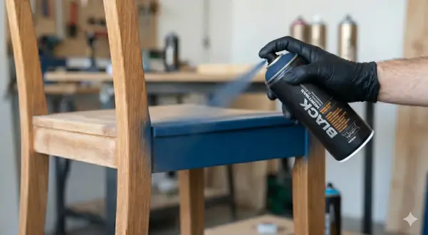 Main d'une personne portant un gant noir pulvérise de la peinture bleue sur un siège de chaise en bois, transformant un meuble mélaminé.