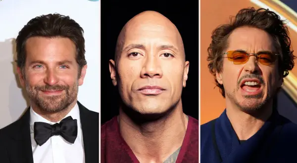 Tre kända manliga amerikanska skådespelare: Bradley Cooper, Dwayne "The Rock" Johnson och Robert Downey Jr.