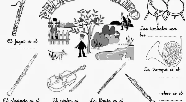 Ilustración de "Pedro y el lobo" con instrumentos musicales y personajes.