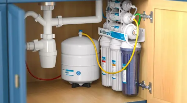 Pod zlewem zamontowany jest system filtrowania wody. Biały zbiornik i kilka przezroczystych filtrów zapewniają czystą wodę.
