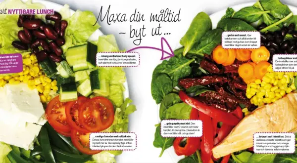 En färgstark sallad med kidneybönor, majs, gurka, tomater och lax. En hälsosam måltid som kan ersätta tater tots.