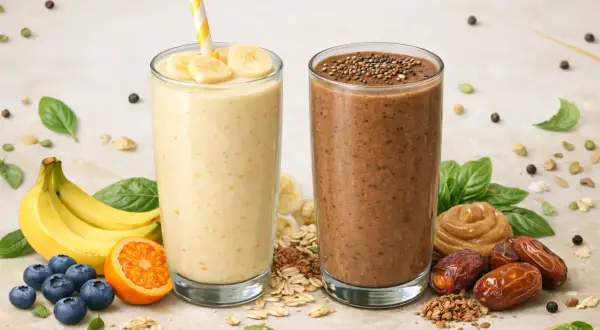 Dwa koktajle na śniadanie odchudzanie: bananowy z owocami i czekoladowy z daktylami.