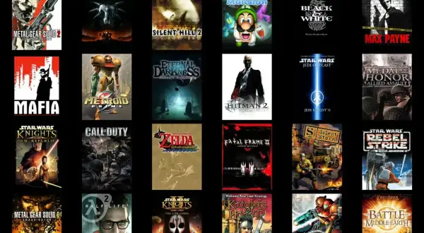 W co grac? Kolekcja okładek gier: Metal Gear Solid, Gothic, Silent Hill 2, Luigi's Mansion, Mafia, Metroid Prime, Hitman 2, Star Wars, Call of Duty, Zelda, Fatal Frame II, Half-Life 2.