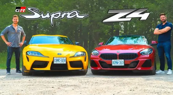 Dos hombres posan junto a un Toyota Supra amarillo y un BMW Z4 rojo.