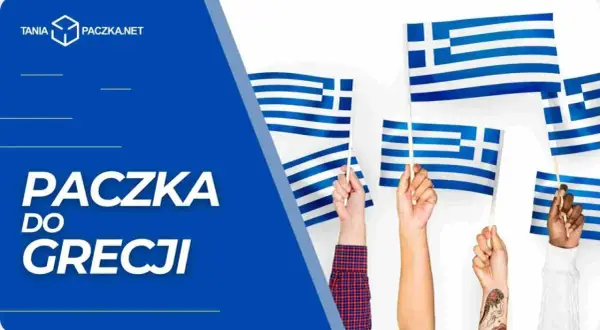 Wiele rąk trzyma greckie flagi. Napis "Paczka do Grecji" sugeruje wysyłkę.