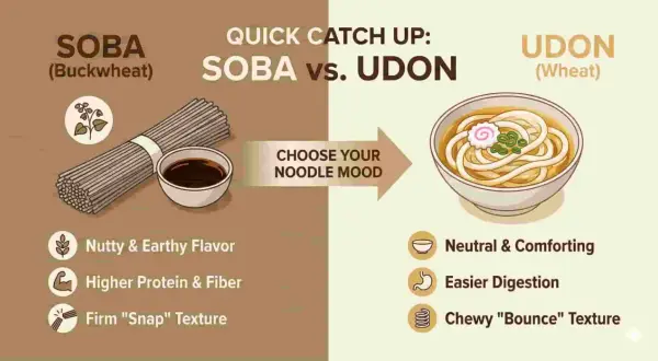 Soba (Buchweizen) mit nussigem Geschmack vs. Udon (Weizen) mit zartem Biss. Wähle deine Nudelstimmung!