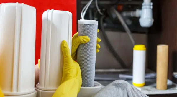 Mains de gants jaunes manipulant un filtre à eau pour nettoyer la résine. Deux autres filtres sont visibles.