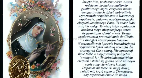 Obrazek z modlitwą do św. Rity, przedstawiający jej wizerunek z aniołkami i kwiatami. Skuteczna modlitwa do św. Rity o pomoc w trudnych chwilach.