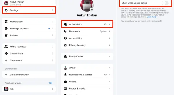 Jak ukryć się na Messengerze? W menu wybierz Ustawienia, a następnie Aktywny status. Wyłącz opcję "Pokazuj, kiedy jesteś aktywny".